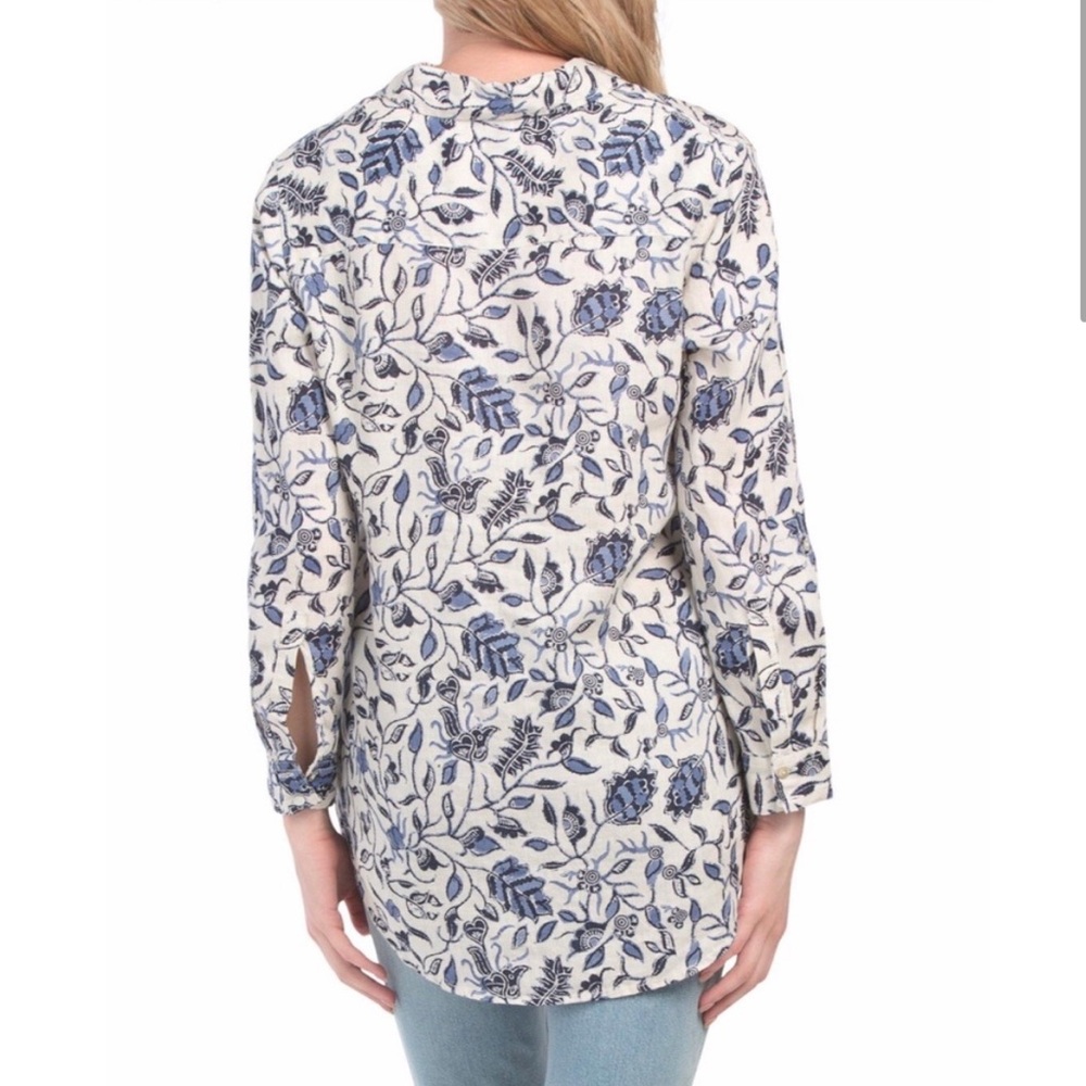 100% Linen Rachel Zoe Blue/Gray Floral Shirt Long Sleeves Roll Tab Buttons Sz M - Picture 4 of 10